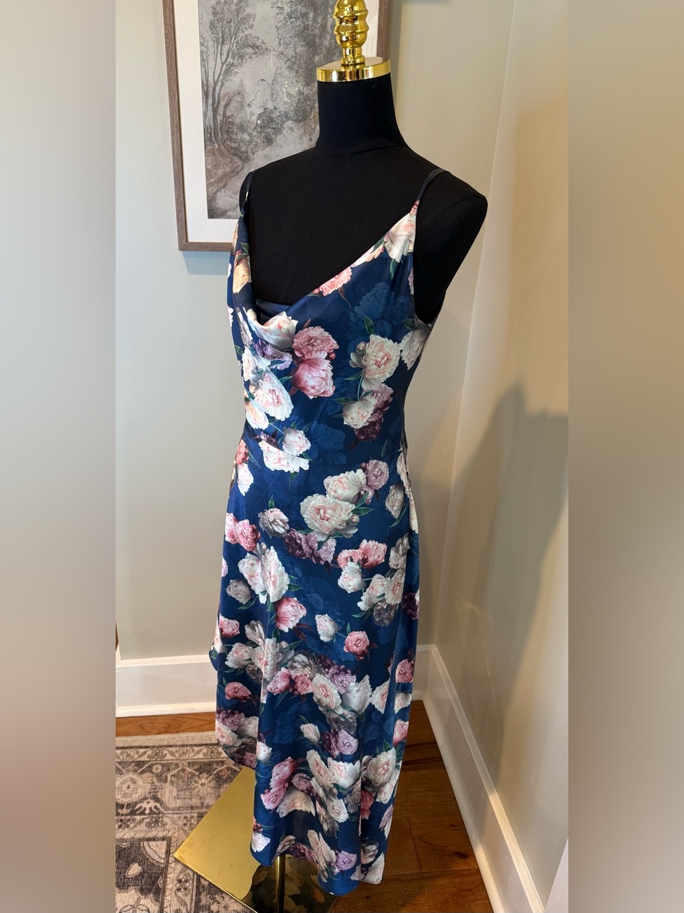Chi Chi London Floral Satin Midi Dress Navy Pink Peony Wedding Guest Size 10